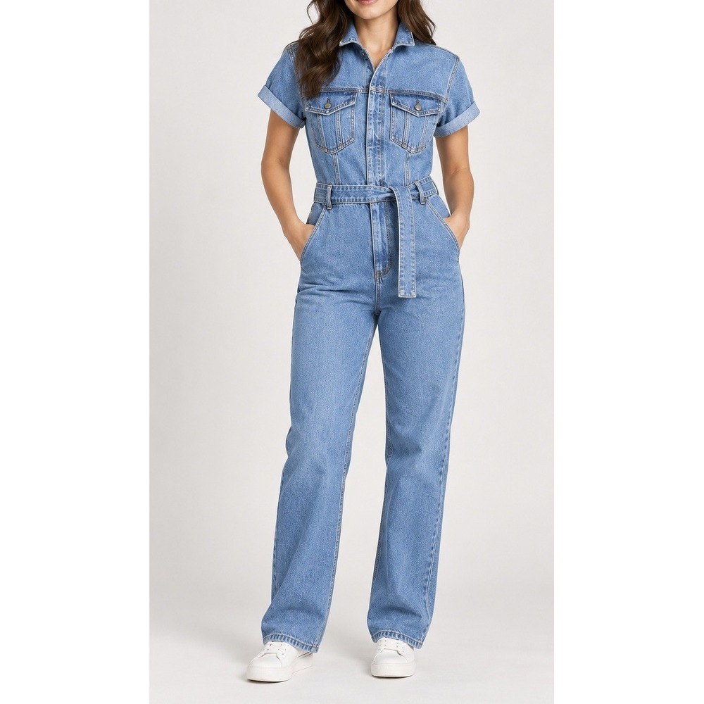 NWT Abercrombie & Fitch Denim Jumpsuit Womens Size MP Short Sleeve Belted